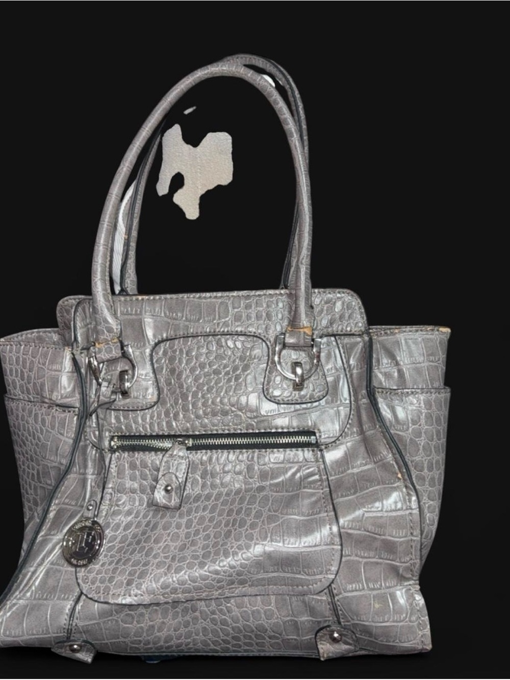 London Fog Croc-Embossed Tote in Silver Gray